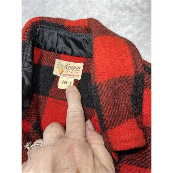 Fox Knapp Wool Plaid Button Front Shirt Jacket Shacket Men's L 16 Vtg Red Black - Picture 4 of 12